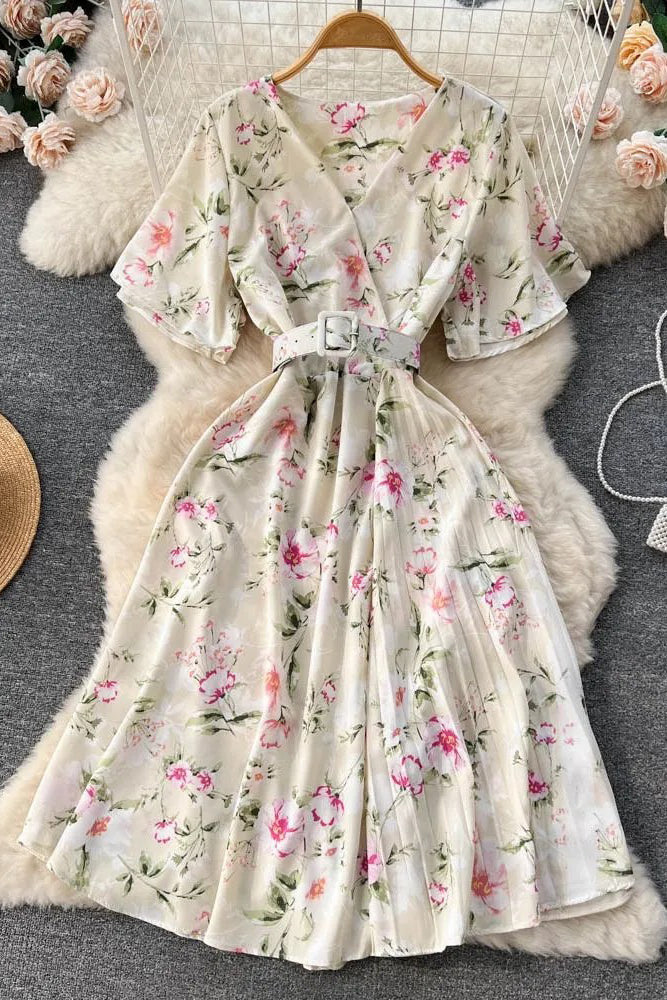 Romantic Floral Print Chiffon Dress With Belt Party Dress