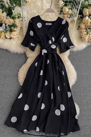 Big Polka Dot Print V Neck Bandage Dress Casual Midi Party Dress Elegant Big Swing Dress