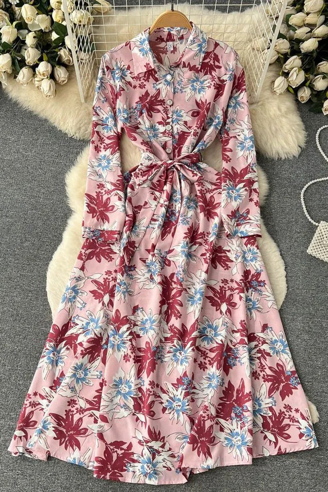 Colorful Floral Print Full Sleeve Shirt Dress Casual All Match Long Dress