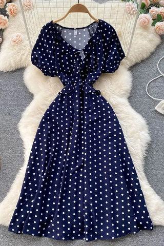 Print Polka Dot Dress Retro Puff Sleeve V-neck Elegant Dress