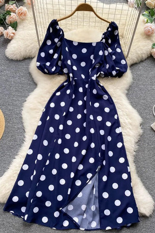 Big Polka Dot Long Elegant Puff Sleeve Split Big Hem Dress