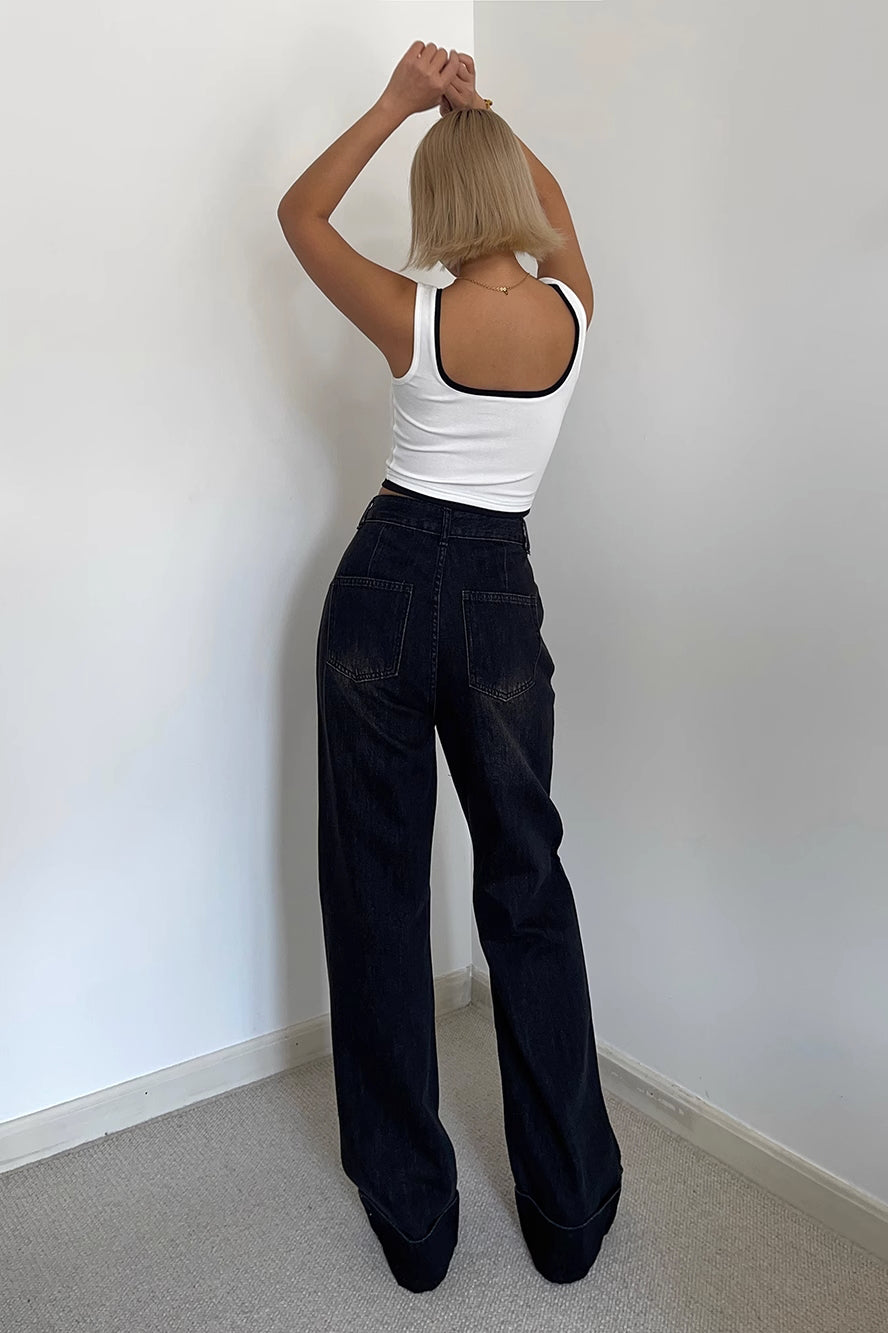 Buckle Detail Slant Pocket Wide Leg Jeans