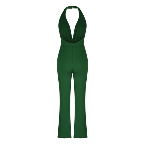 V-Neck Open Back Pocket Slim Jumpsuit