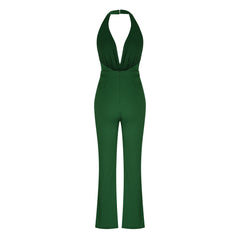 V-Neck Open Back Pocket Slim Jumpsuit