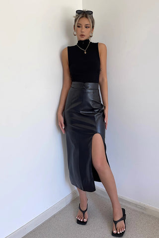 Solid Split PU Leather Skirt