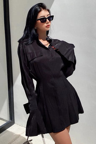 Glossy Texture Satin Shirt Long Sleeved Dress