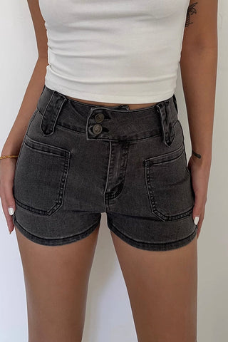 Double Button Slant Pocket Denim Shorts