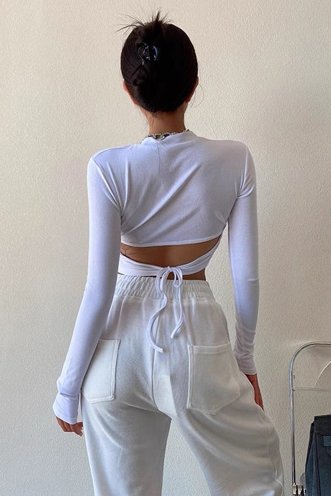 Sexy Unique Backless Strappy T-Shirt Long Sleeve Top