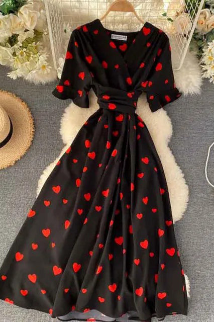 Romantic Heart Print Dress V Neck High Waist Long Bandage Dress Ladies Party Dresses