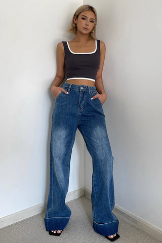 Buckle Detail Slant Pocket Wide Leg Jeans