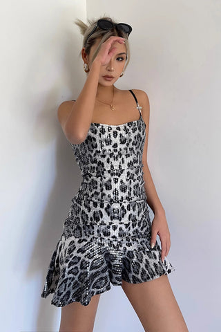 Leopard Print Asymmetrical Hem Sequin Dress