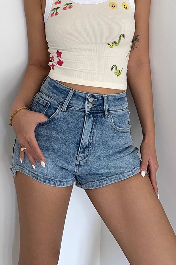 Button Detail Slant Pocket Denim Shorts