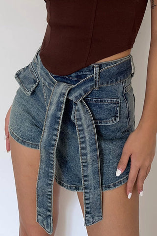 Buckle Detail Asymmetrical Hem Denim Shorts