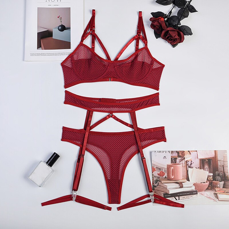 4-teiliges Dessous-Set, intimes Bralette-Höschen, exotisches Strumpfband-Unterwäsche-Set, Damen-String, BH, Höschen, fester Tanga