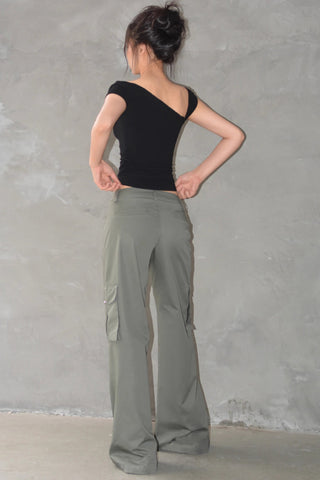 Zip Detail Pocket Side Cargo Wide Leg Pants