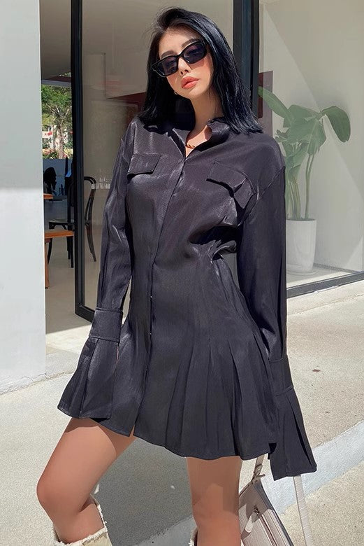 Glossy Texture Satin Shirt Long Sleeved Dress