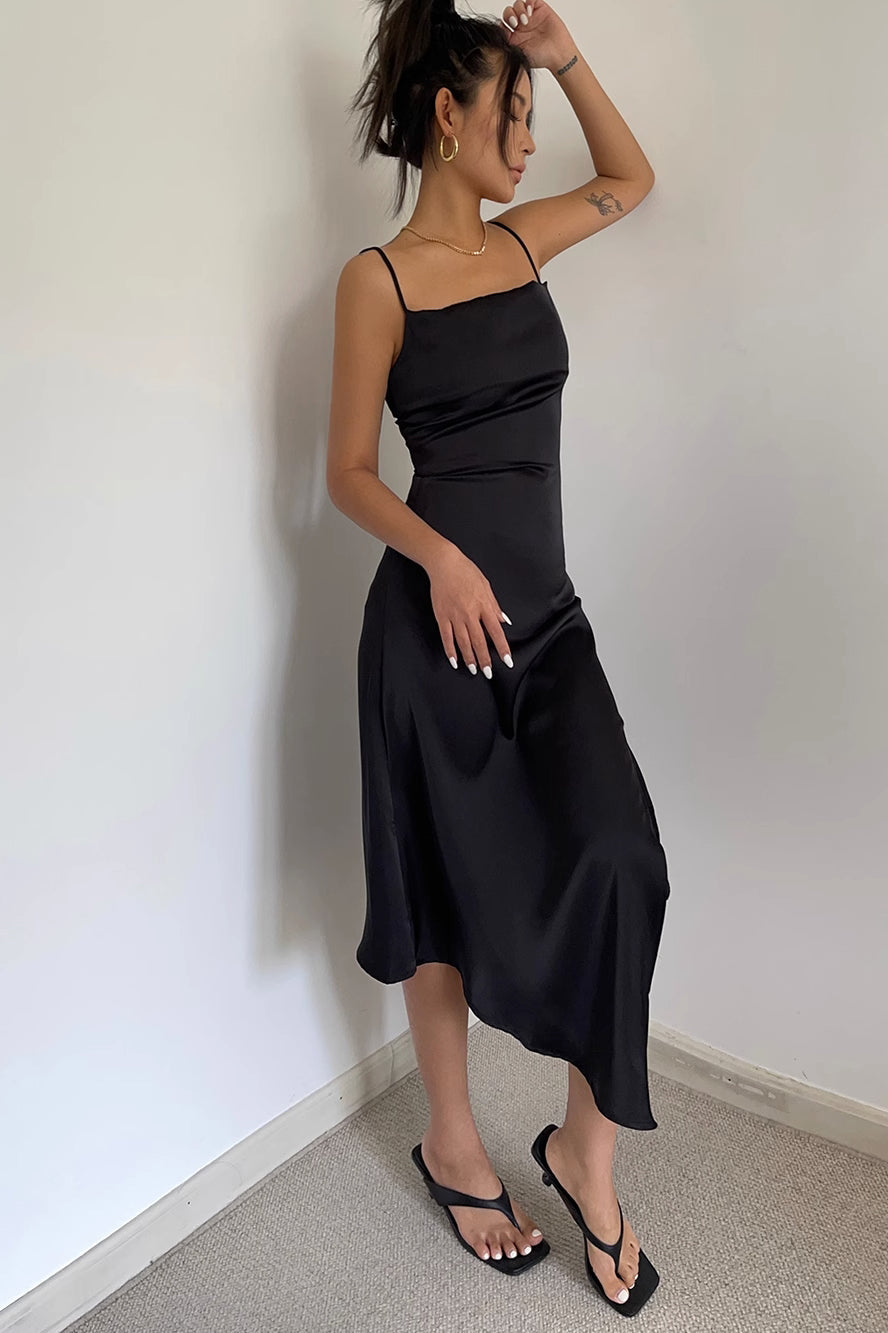 Satin Asymmetrical Hem Split Dress