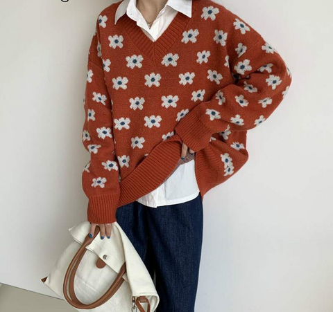 Korean Style Daisy Flower Printed Knitted Winter Sweater