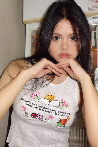 Cartoon and Letter Print Embroidery Cami Tops