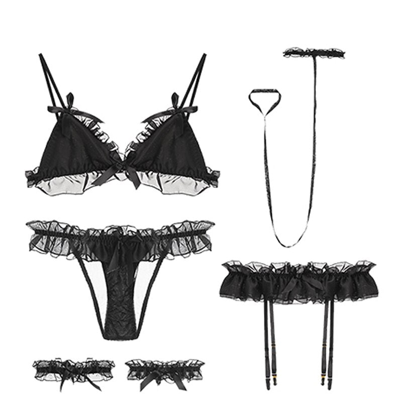 5-teiliges Spitzen-BH-Set, niedrige Taille, Höschen, Unterwäsche, Versuchungs-Tangas, dünner Büstenhalter, fester BH, Strumpfbänder und Höschen, Damen-Dessous