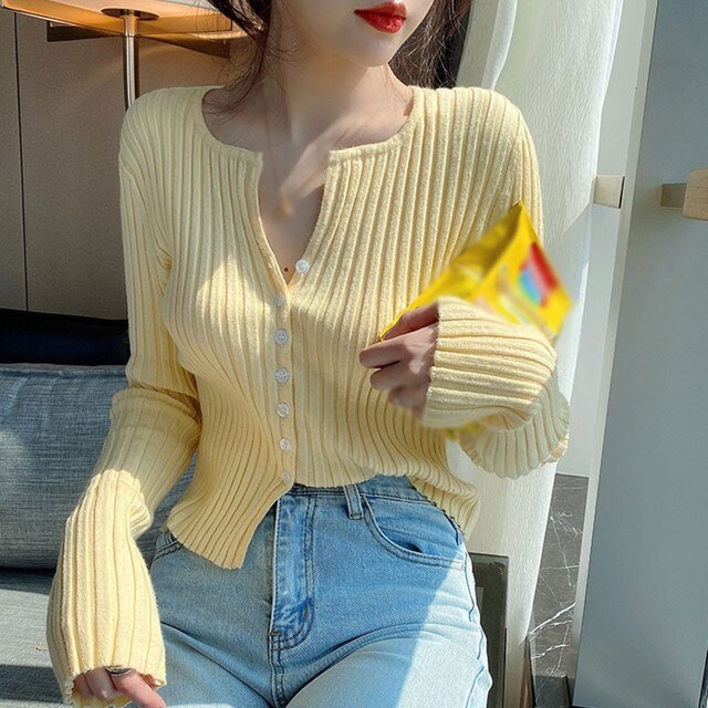 Buttoned Neck Slim Thin Sweaters For Spring Autumn