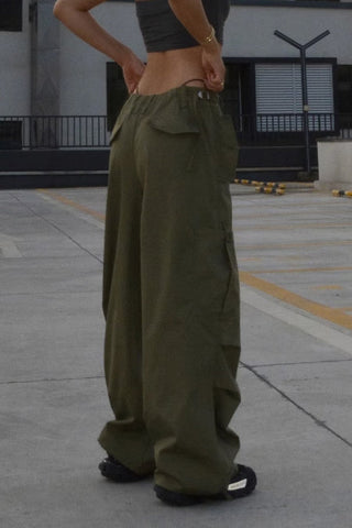 Drawstring Button Detail Wide Leg Pants