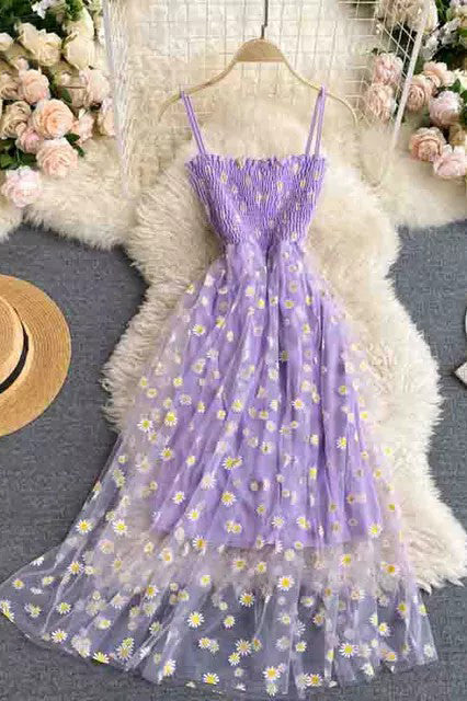 Daisy Flower Print Mesh Dress Two Layers Strap Vacation Midi Dress Beach Vestidos Dress