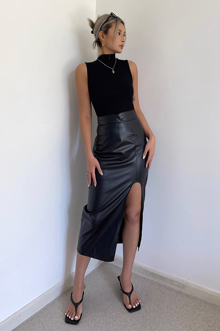 Solid Split PU Leather Skirt