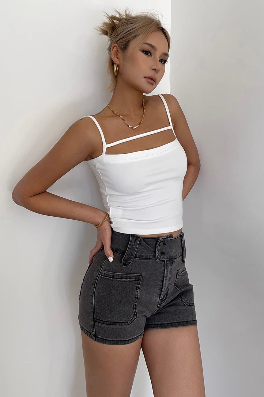 Double Button Slant Pocket Denim Shorts