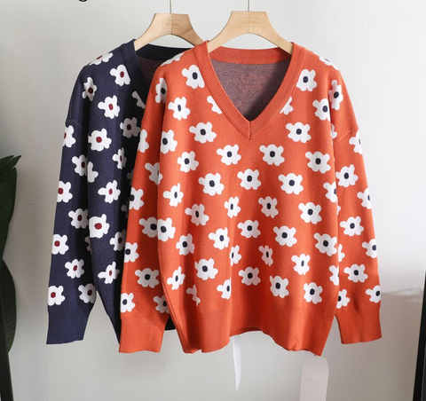 Korean Style Daisy Flower Printed Knitted Winter Sweater