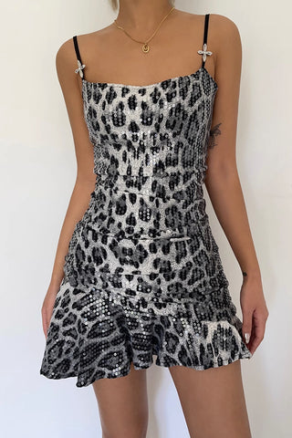 Leopard Print Asymmetrical Hem Sequin Dress