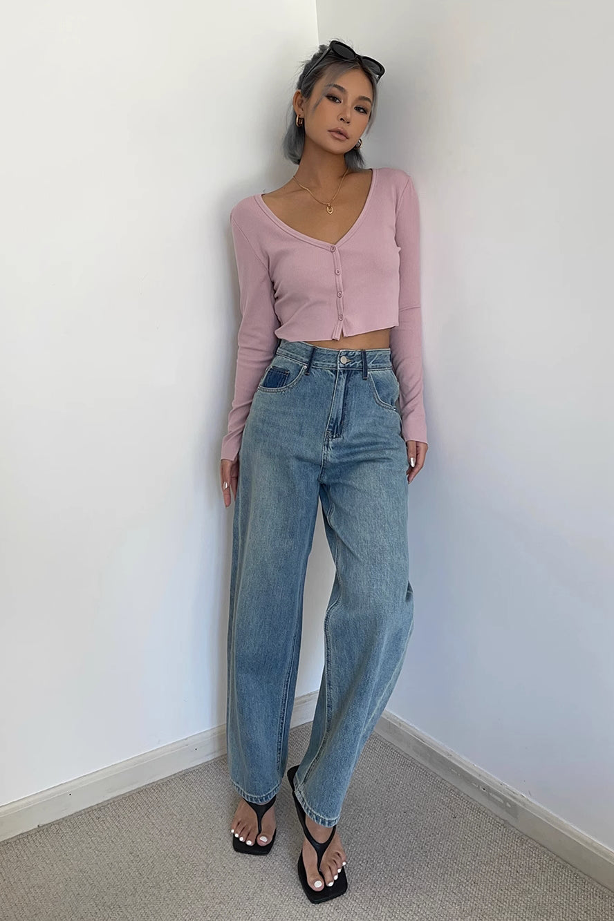 Buckle Detail Slant Pocket Wide Leg Jeans