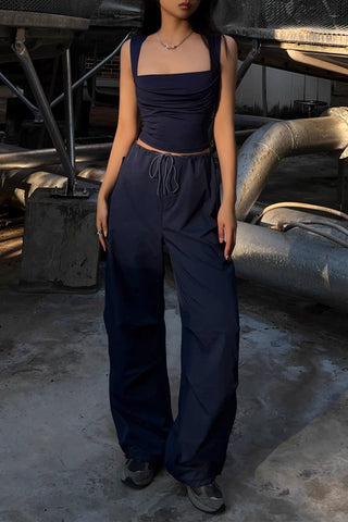 Solid Slant Pocket Wide Leg Pants