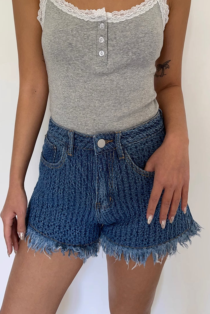 Fringe Trim Embroidery Denim Shorts