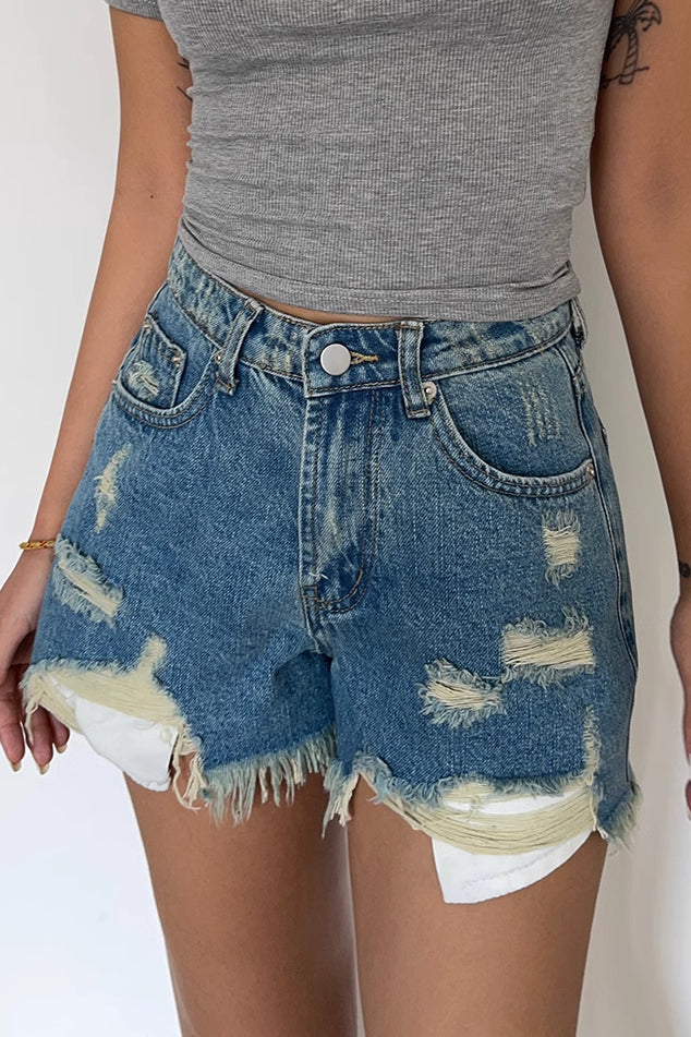 Ripped Slant Pocket Denim Shorts