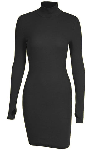 Solid High Neck Long Sleeve Bodycon Dress