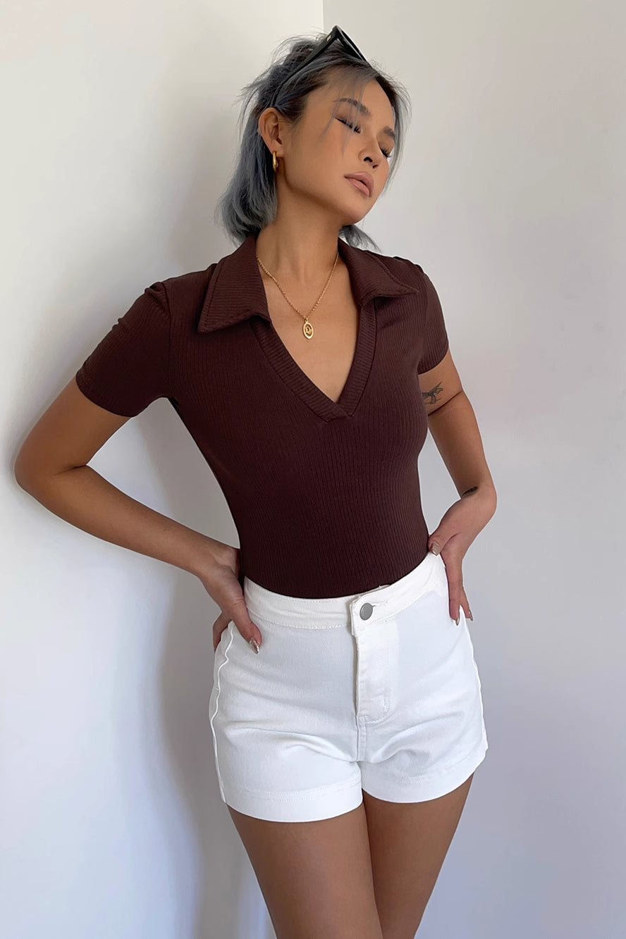 Rib-knit V Neck Slim Tops