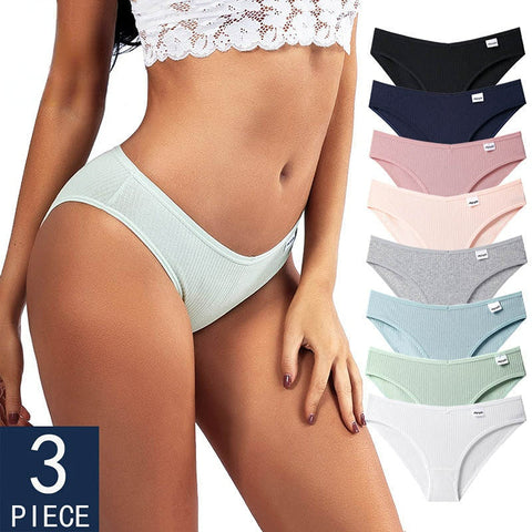 3PCS/Set Panties Striped Underwear Solid Color Briefs Low-Rise Soft Panty Underpants Female Lingerie