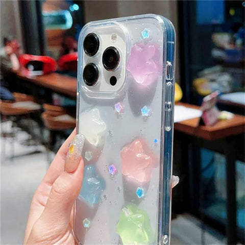 For Iphone Case Cover Y2K Luminous 3D Stars Case Cute Kawaii Glowing In Dark Star Transparent Protective Shockproof Back Cover For Iphone 11 12 13 14 15