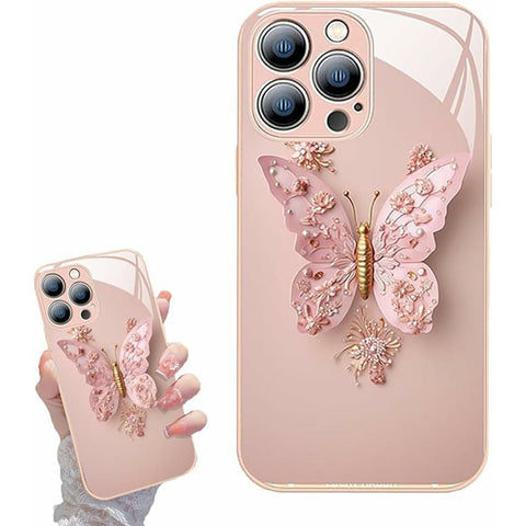 Flat 3D Butterfly Pattern Glass Cover for iPhone Floral Butterfly Pattern Case for iPhone 12 13 14 15 Girly Phone Cases Protective Cover