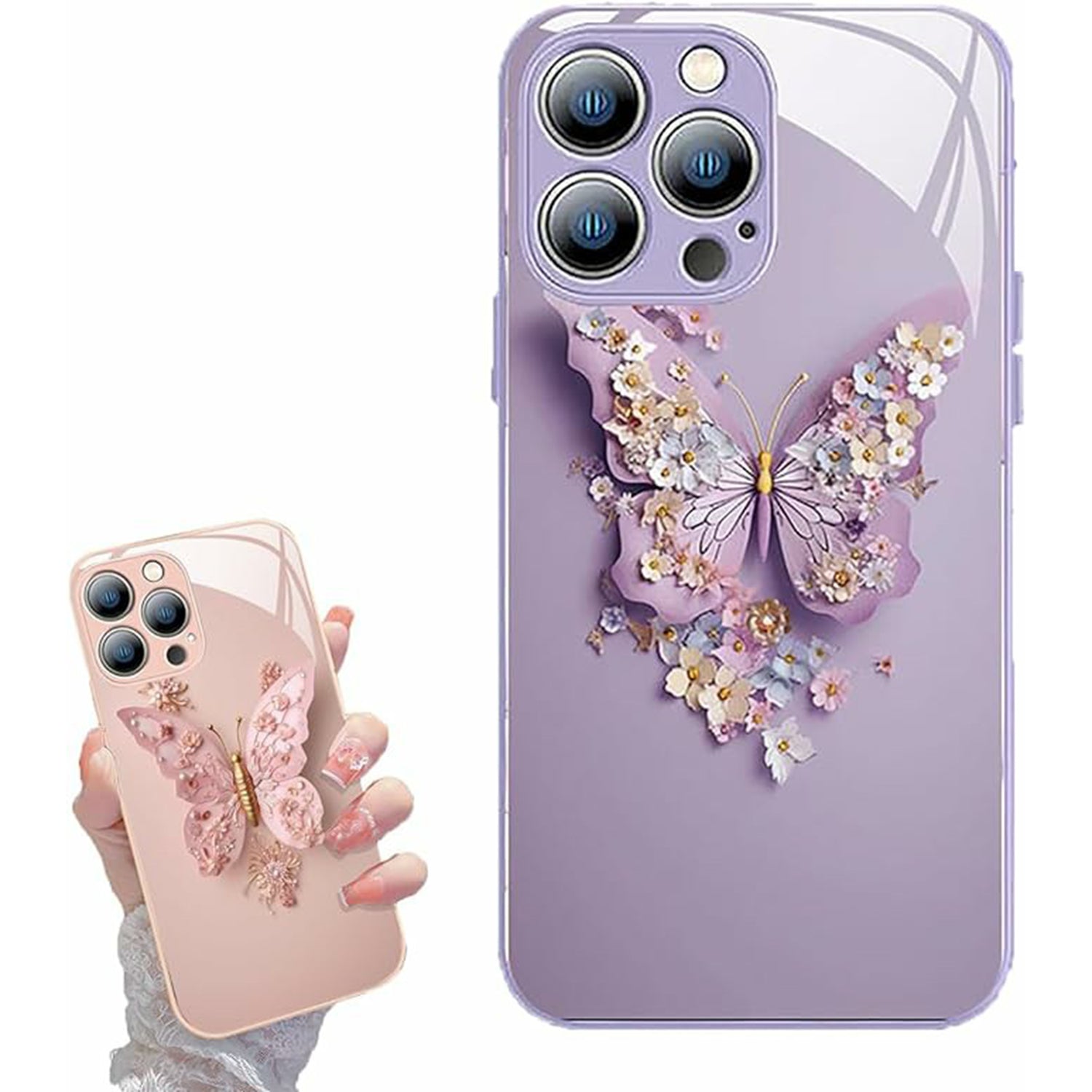 Flat 3D Butterfly Pattern Glass Cover for iPhone Floral Butterfly Pattern Case for iPhone 12 13 14 15 Girly Phone Cases Protective Cover