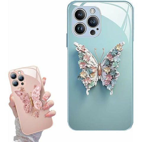 Flat 3D Butterfly Pattern Glass Cover for iPhone Floral Butterfly Pattern Case for iPhone 12 13 14 15 Girly Phone Cases Protective Cover