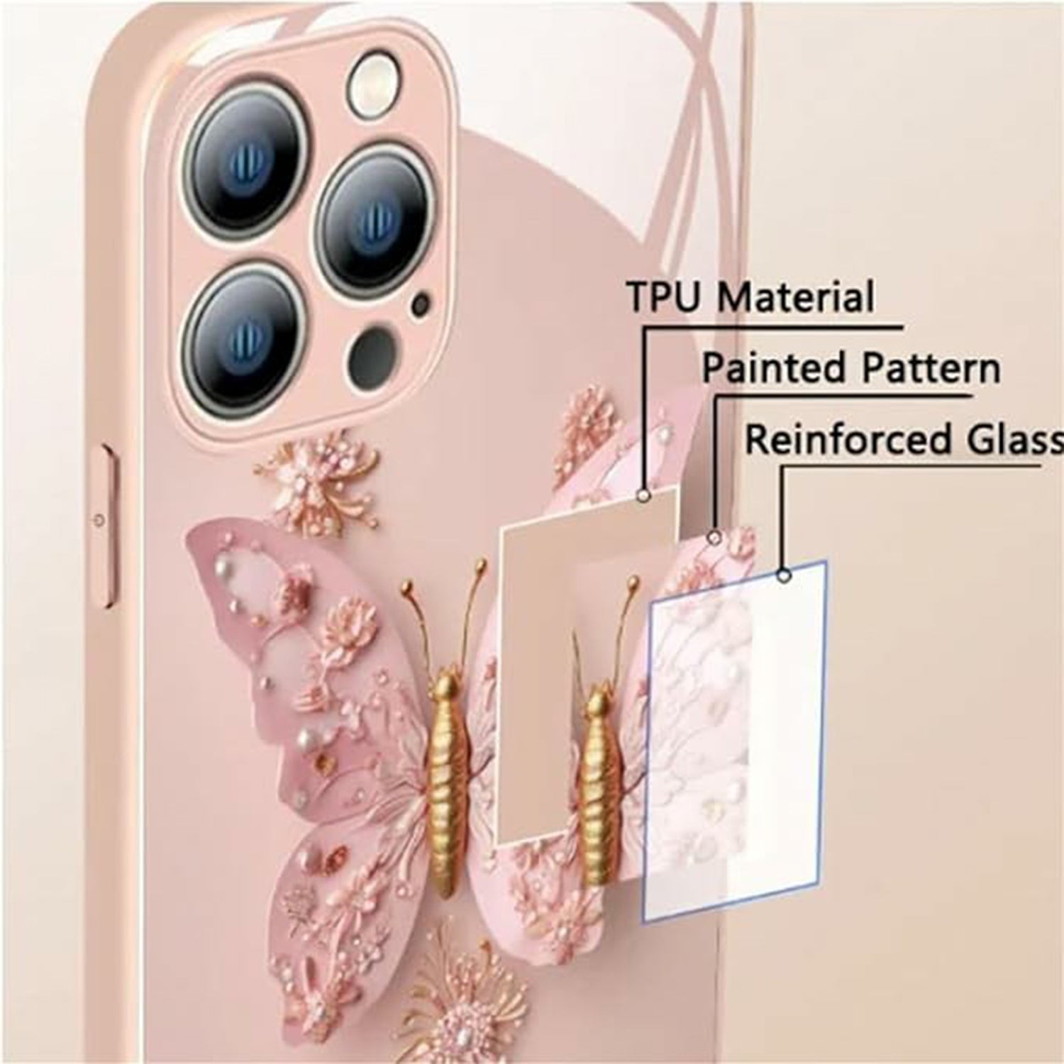 Flat 3D Butterfly Pattern Glass Cover for iPhone Floral Butterfly Pattern Case for iPhone 12 13 14 15 Girly Phone Cases Protective Cover