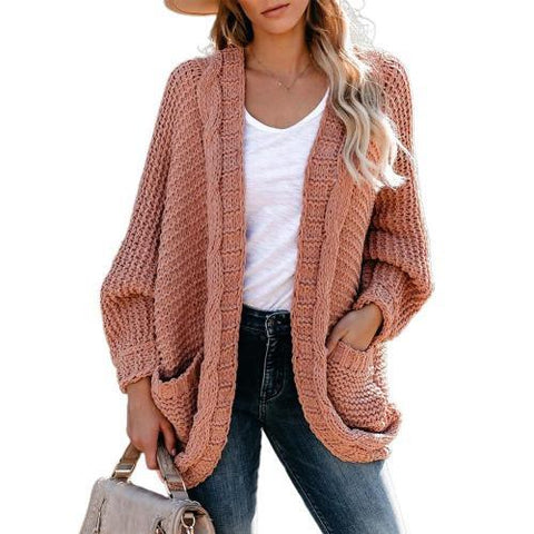 Cardigan tricoté vintage à manches chauve-souris et poches latérales