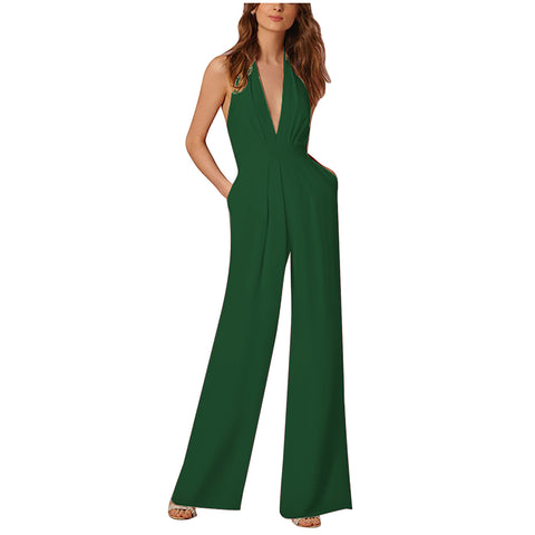 V-Neck Open Back Pocket Slim Jumpsuit