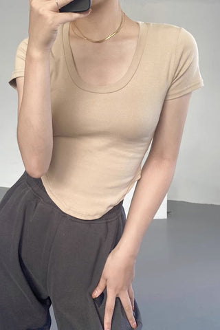 Round Neck Solid Asymmetrical Hem Tops