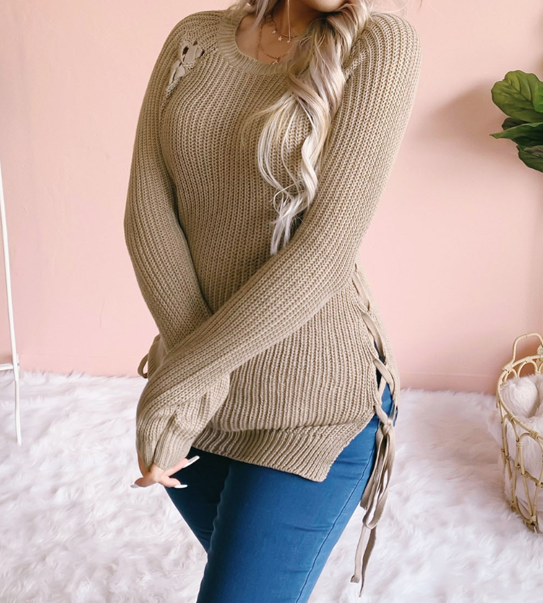 Lace Up Decoration Knitted Winter Sweater