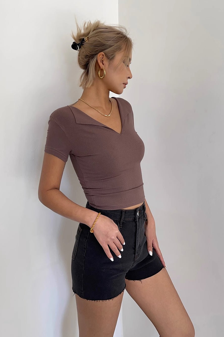 Rib-knit V Neck Cut Out Tops