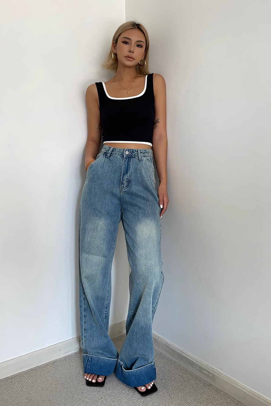 Buckle Detail Slant Pocket Wide Leg Jeans