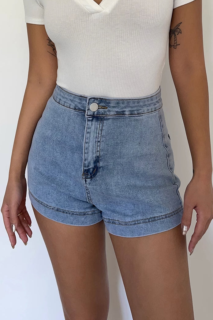 Buckle Detail Zip Up Front Denim Shorts